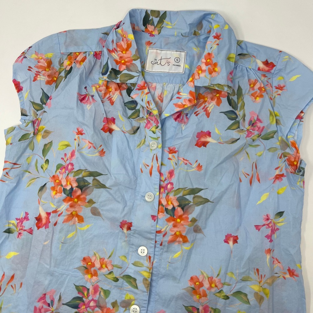 The Cat's Pajamas Camilla Luxe Pima Floral Top Blue Small Button Down Cap Sleeve